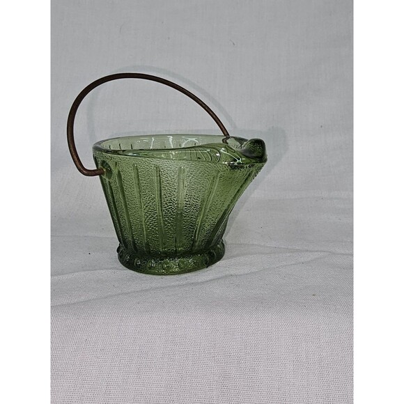 Vintage Green Ribbed Glass “Wash Bucket” Basket Metal Handle Mid-Century Decor - Picture 7 of 10